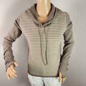 Athleta Women’s Hoodie Sweatshirt Brown Stripe 100% Merino Wool Long Sleeve Med